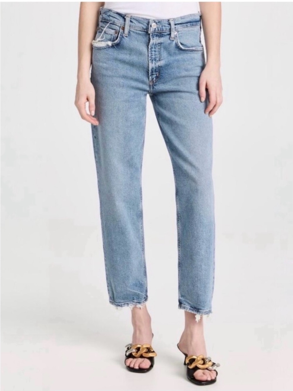 Agolde Kye Mid Rise Straight Crop Distressed Denim Jeans Size 24 Medium Wash